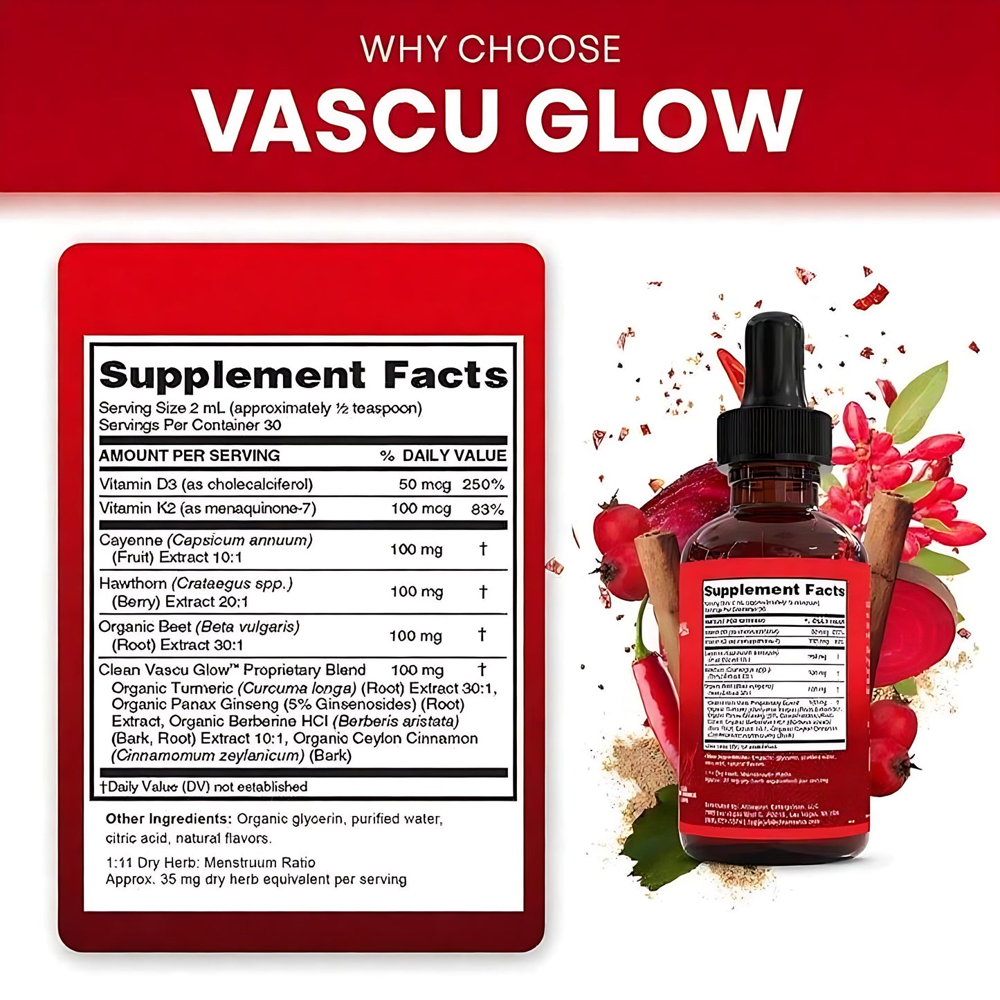 Cayenne Pepper Supplement Liquid Drops + Hawthorn Berry, Vitamin D3 K2 Organic Beet Root Powder, Ceylon Cinnamon, Turmeric Curcumin, Panax Ginseng