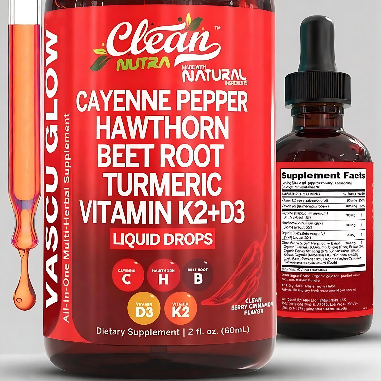 Cayenne Pepper Supplement Liquid Drops + Hawthorn Berry, Vitamin D3 K2 Organic Beet Root Powder, Ceylon Cinnamon, Turmeric Curcumin, Panax Ginseng